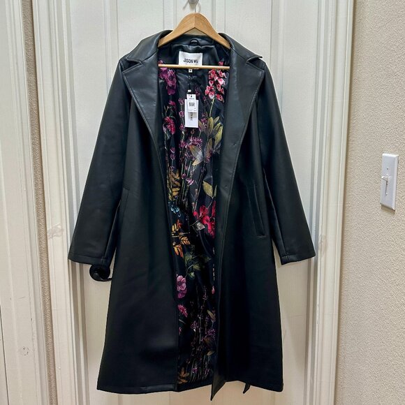 Jason Wu Women's Faux Leather Long Jacket Size M Black Button Closure Belted NEW - Picture 5 of 16
